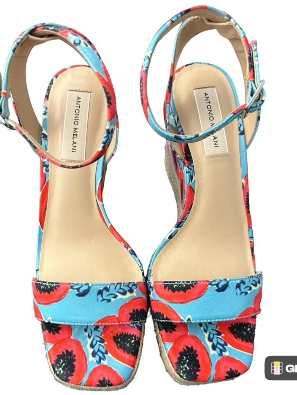 ANTONIO MELANI Turquoise & Red Floral Ankle-Strap Wedges